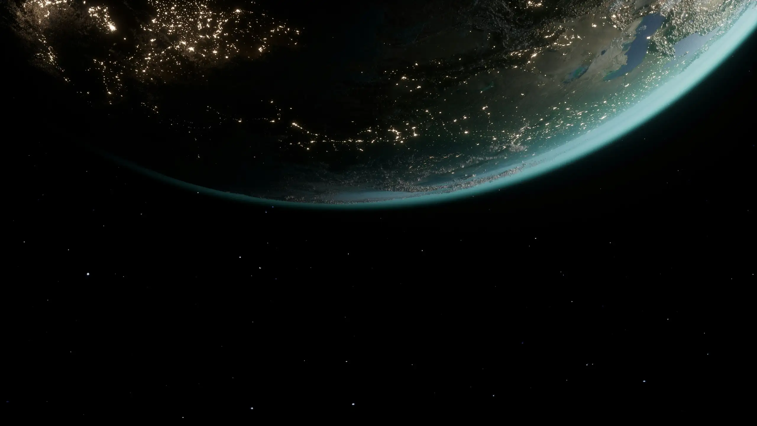 Die Erde von oben, Stadtlichter und türkiser Atmosphärenrand über dunklem Sternenhimmel